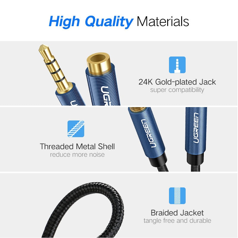 Ugreen-cabo de extensão macho para fêmea, 3.5mm, com microfone, estéreo, adaptador de áudio, compatível com fones de ouvido