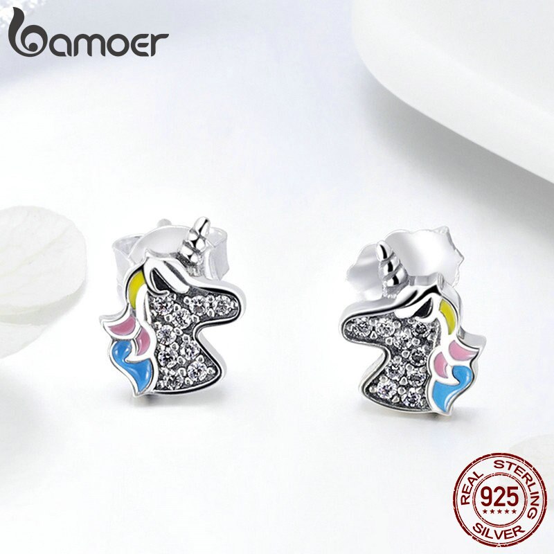 Brinco de prata refinada 925 bamoer, joia licorne memory para mulheres e meninas