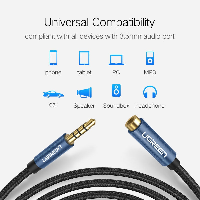 Ugreen-cabo de extensão macho para fêmea, 3.5mm, com microfone, estéreo, adaptador de áudio, compatível com fones de ouvido