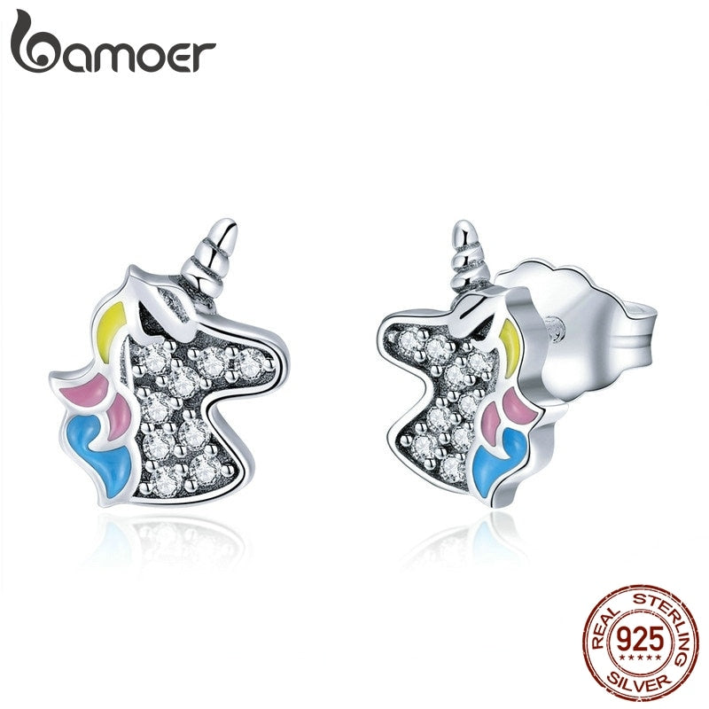 Brinco de prata refinada 925 bamoer, joia licorne memory para mulheres e meninas