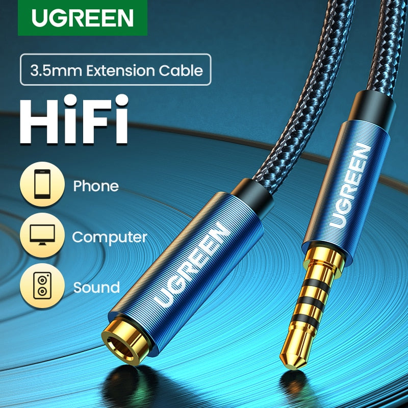 Ugreen-cabo de extensão macho para fêmea, 3.5mm, com microfone, estéreo, adaptador de áudio, compatível com fones de ouvido