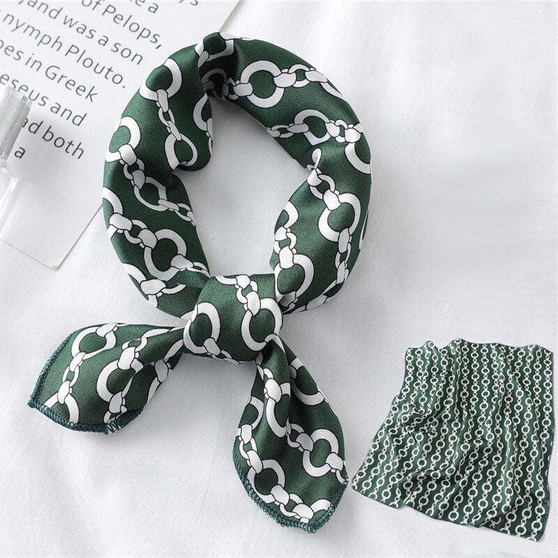 Lenço de cabelo feminino estampado, cachecol feminino pequeno de seda quadrado com design, xale e embrulho, bandana feminina, acessórios de foulard verão
