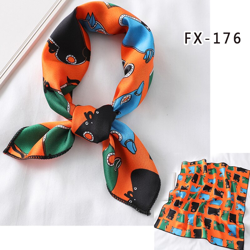 Lenço de cabelo feminino estampado, cachecol feminino pequeno de seda quadrado com design, xale e embrulho, bandana feminina, acessórios de foulard verão