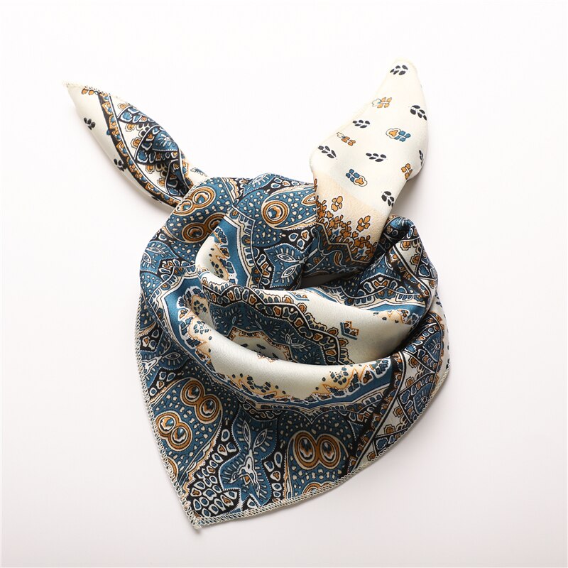 Lenço de cabelo feminino estampado, cachecol feminino pequeno de seda quadrado com design, xale e embrulho, bandana feminina, acessórios de foulard verão