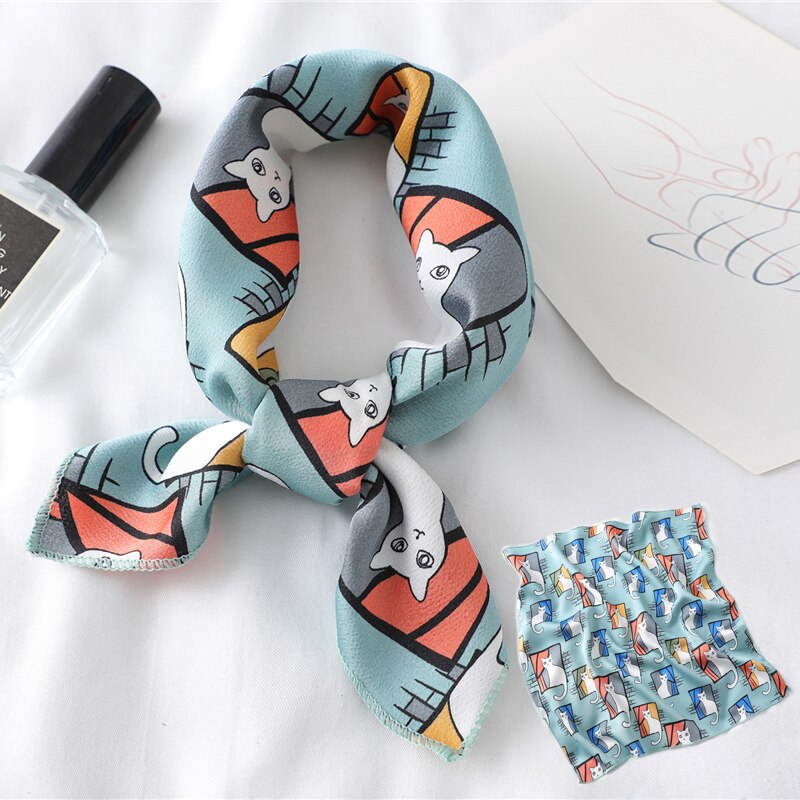 Lenço de cabelo feminino estampado, cachecol feminino pequeno de seda quadrado com design, xale e embrulho, bandana feminina, acessórios de foulard verão