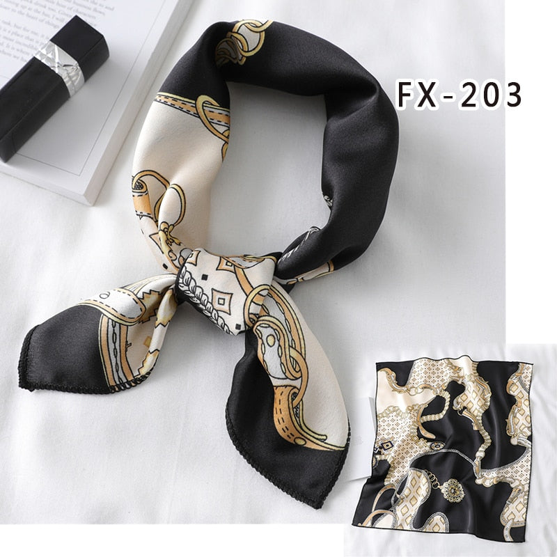 Lenço de cabelo feminino estampado, cachecol feminino pequeno de seda quadrado com design, xale e embrulho, bandana feminina, acessórios de foulard verão